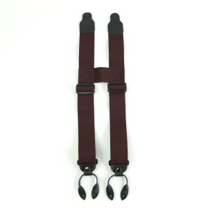 鈕扣式H型吊帶，深色布面搭配皮革鈕扣環
