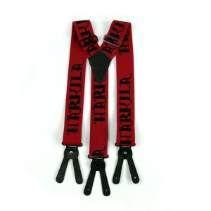 紅色提花Y型夾式吊帶，哥德字母織花圖案