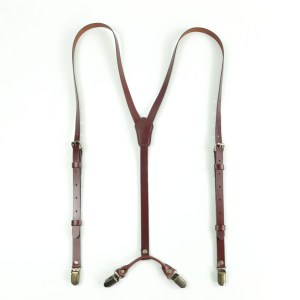 Leather Y-back suspenders with brass hardware clips made by Isson Webbing